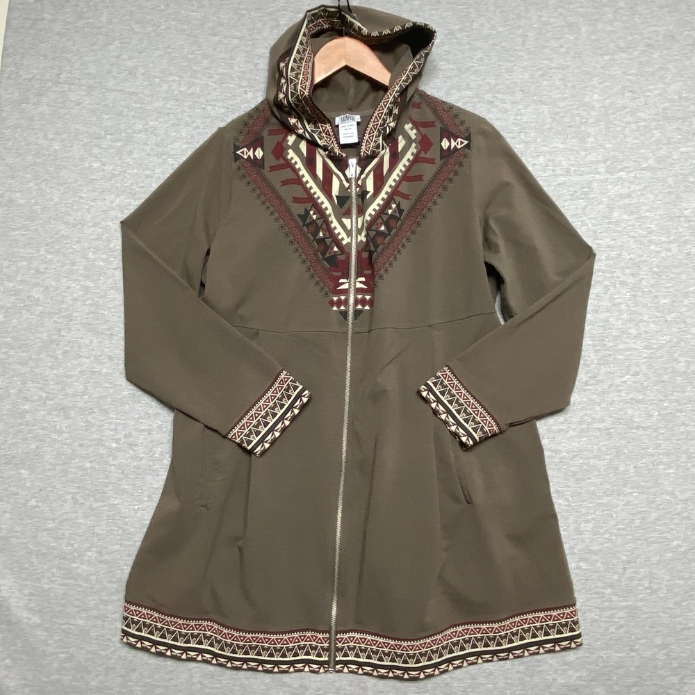 Monroe And Main Jacket Womens 1X Brown Hooded Aztec Print Zip Longline Boho